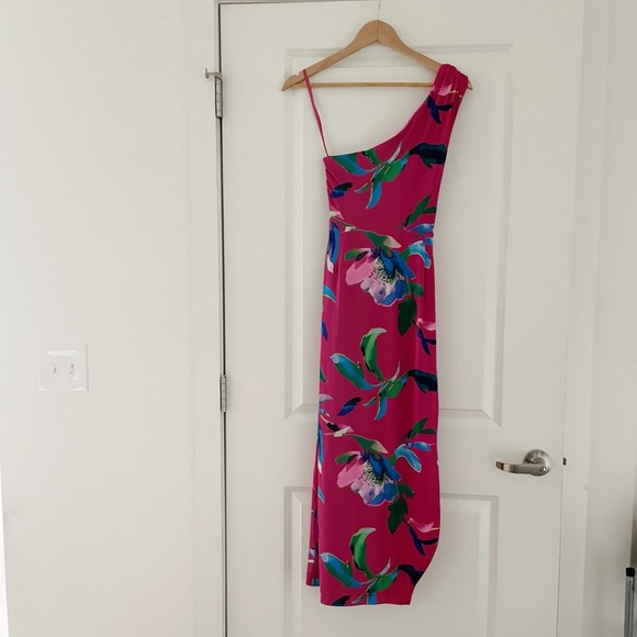 Boston Proper Watercolor Abstract Print One Shoulder Tie Waist Knit Midi Dress - Picture 4 of 9